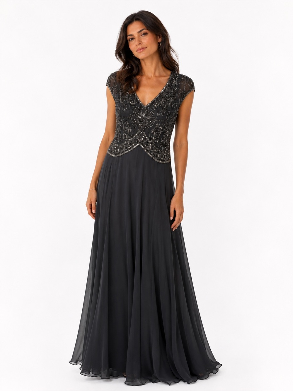 J Kara Beaded V-Neck Black Maxi Gown
